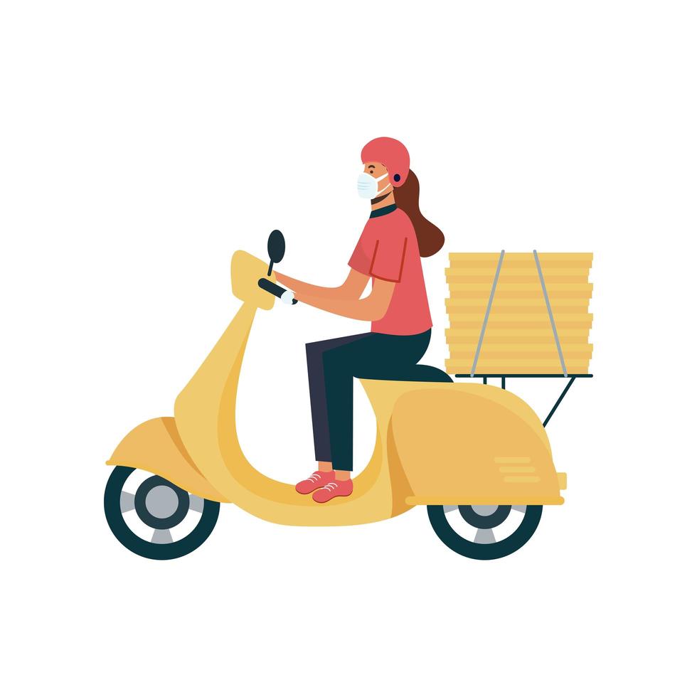 donna di consegna con maschera moto e scatole disegno vettoriale