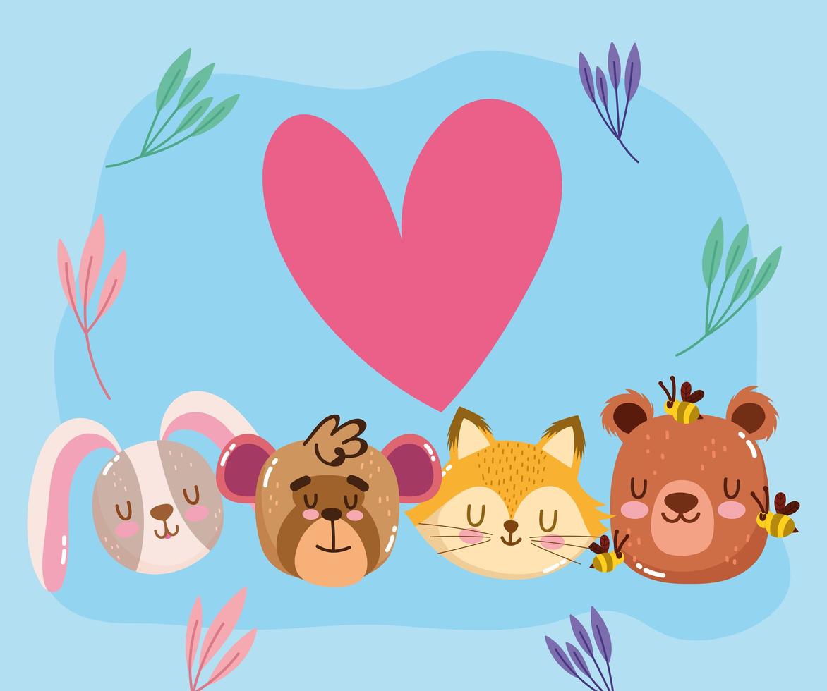 simpatico cartone animato animale adorabile orsetto ape volpe scimmia e coniglio facce adorabili vettore