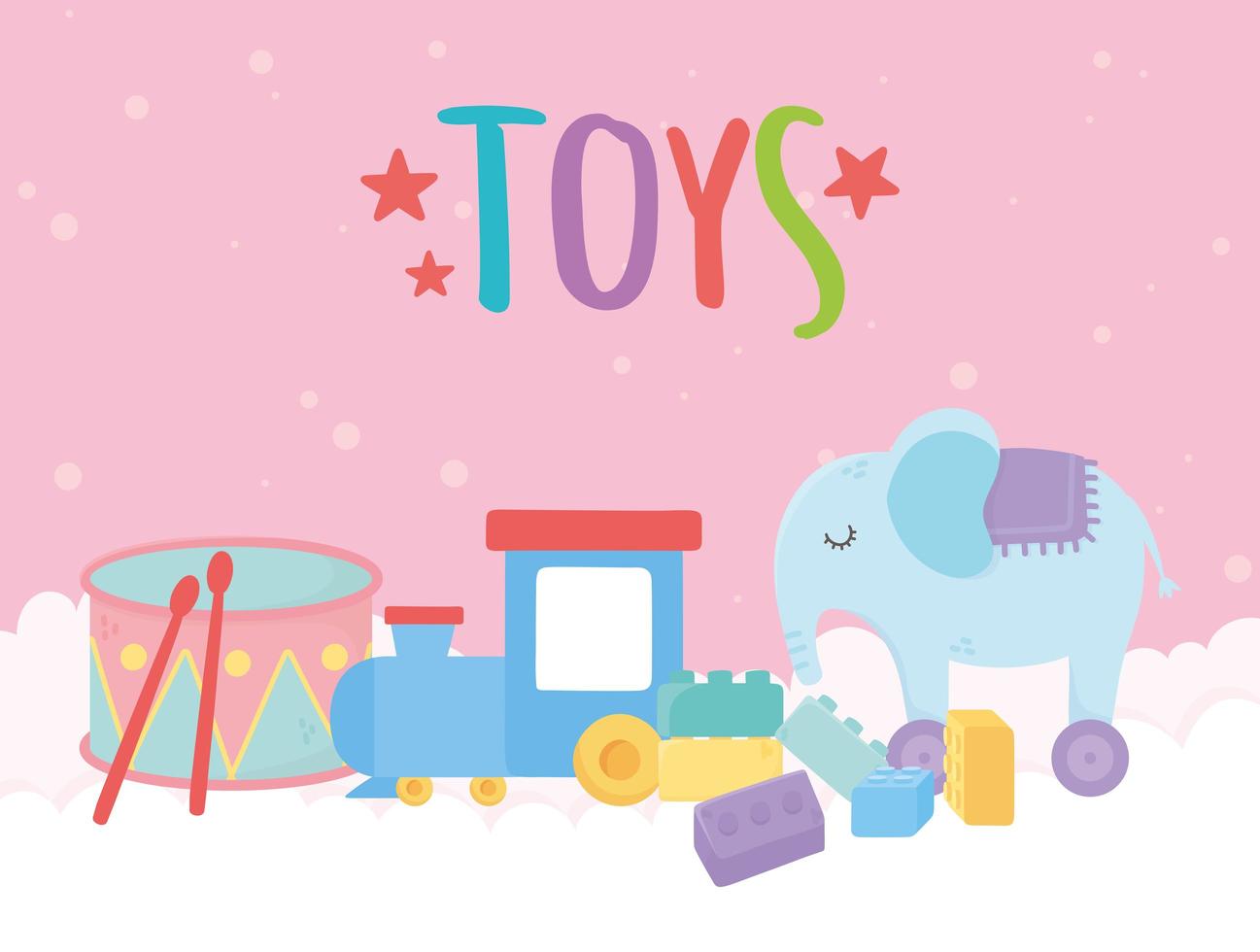 giocattoli per bambini oggetto divertente cartone animato treno tamburo elefante e blocchi vettore