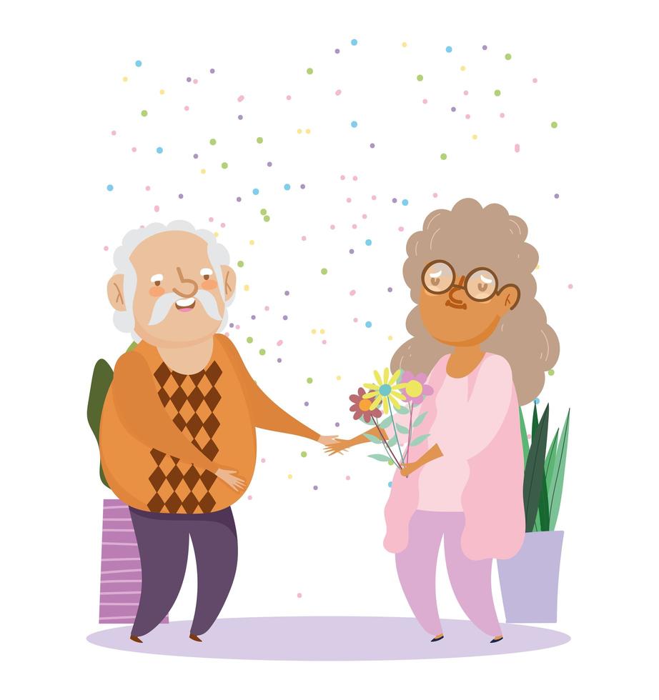 felice giorno dei nonni, cartone animato coppia di anziani, nonno nonna con personaggi di fiori vettore