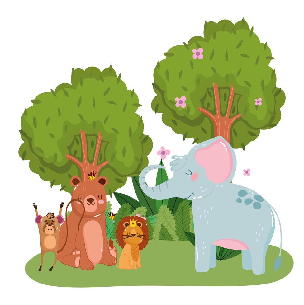 simpatici animali leone elefante orso scimmia alberi fiori erba foresta natura selvaggia cartone animato vettore