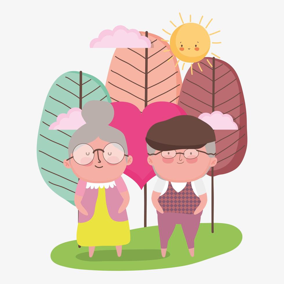 felice giorno dei nonni, coppia di anziani paesaggio cartone animato, personaggi nonno nonna vettore