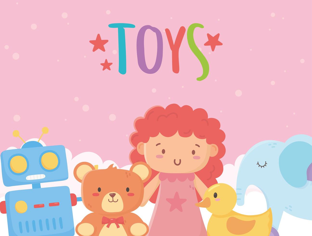 giocattoli per bambini oggetto divertente cartone animato bambola orso elefante anatra e robot vettore