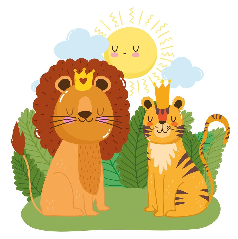 simpatici animali leone con corona e tigre erba vegetazione natura selvaggia cartone animato vettore
