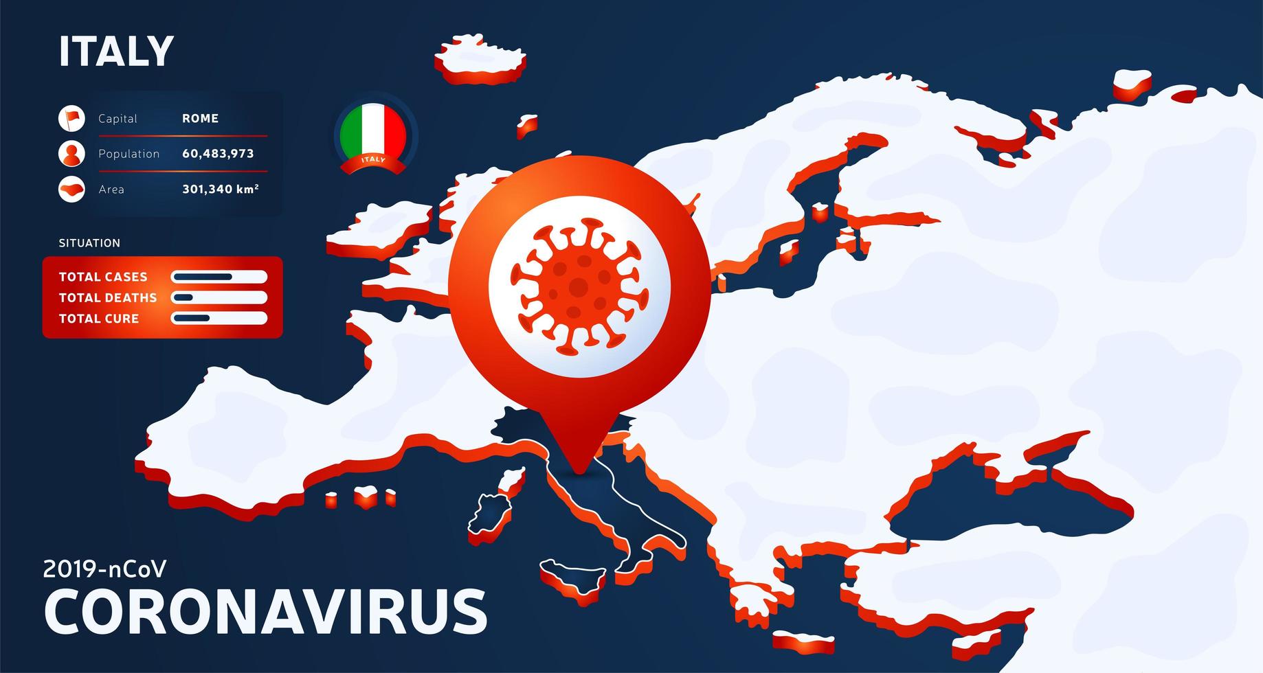 mappa isometrica dell'europa con il paese evidenziato italia vettore