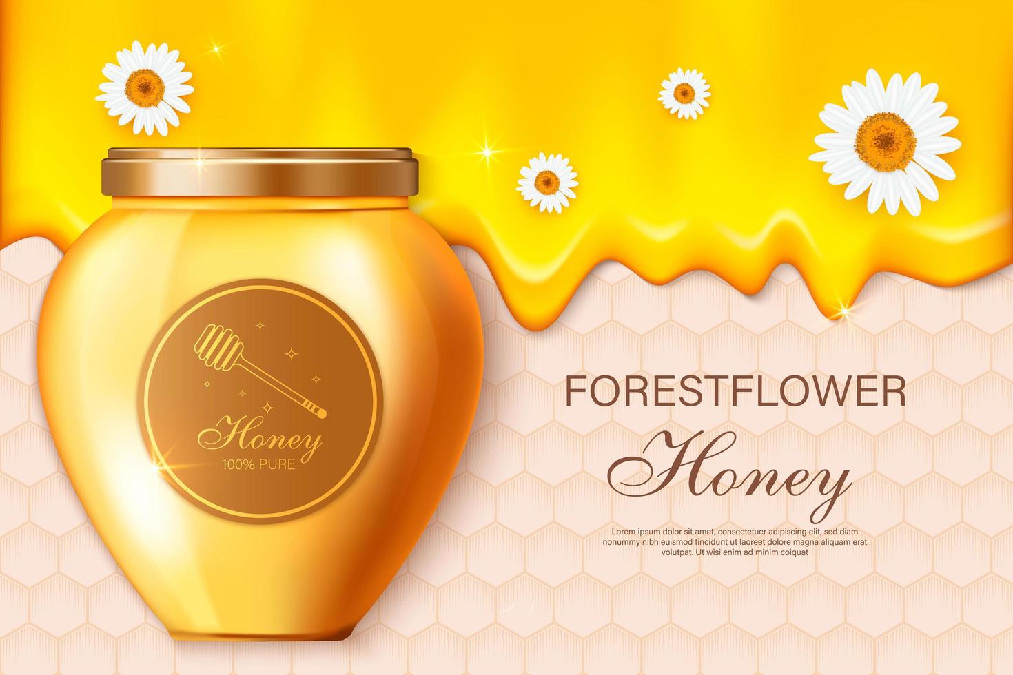 miele di fattoria. modello di cartello pubblicitario con miele realistico, sfondo di confezionamento di prodotti agricoli di alimenti biologici sani. miele di fattoria, cibo dolce biologico, illustrazione naturale di apicoltura vettore