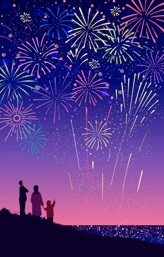 scena di fuochi d'artificio festivi con la famiglia vettore