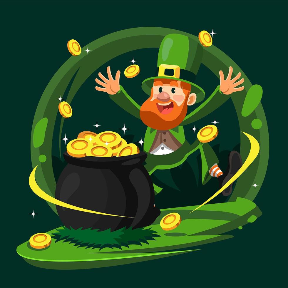 leprechaun felice con barile di monete vettore