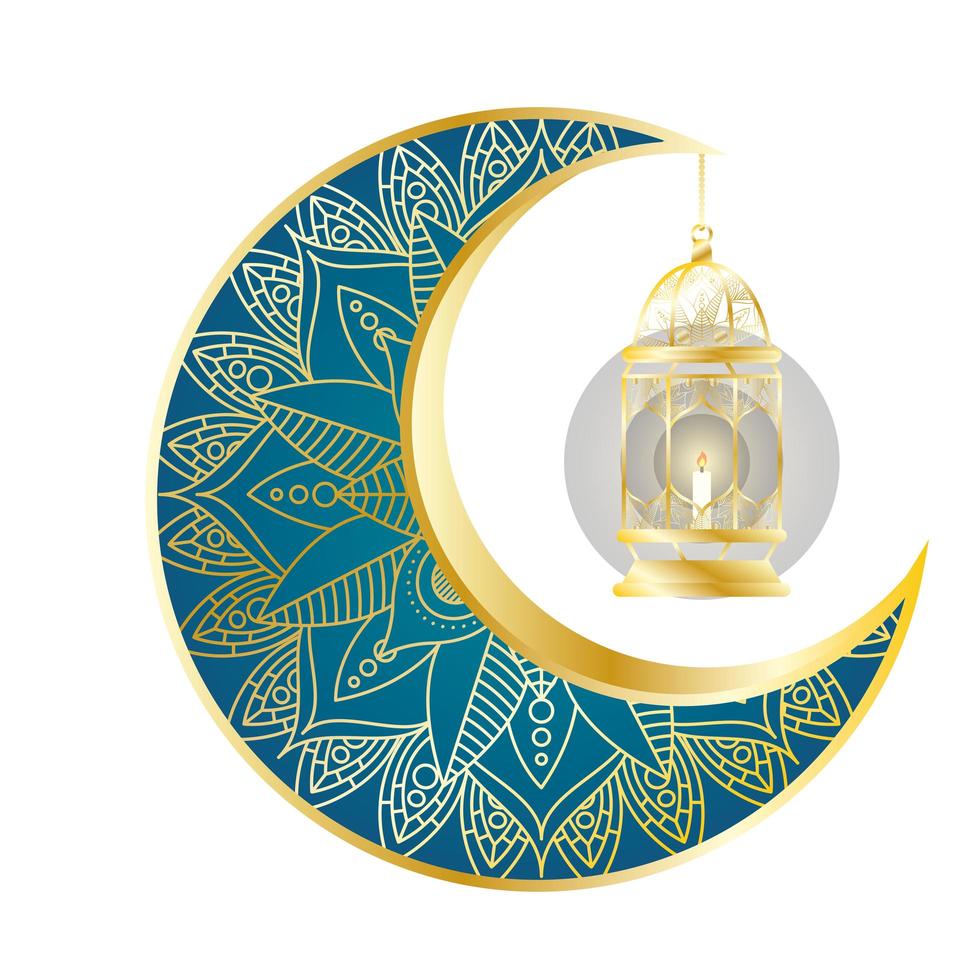 luna dorata e lanterna appese ramadan kareem vettore