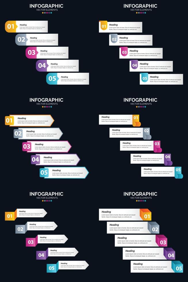 vettore 6 infografica imballare presentazione diapositiva modello 5 passaggi ciclo diagrammi e linea del tempo