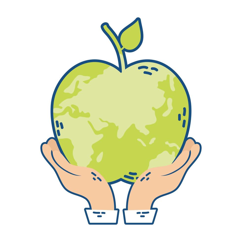 mani che sollevano il pianeta terra mondo con forma di mela vettore