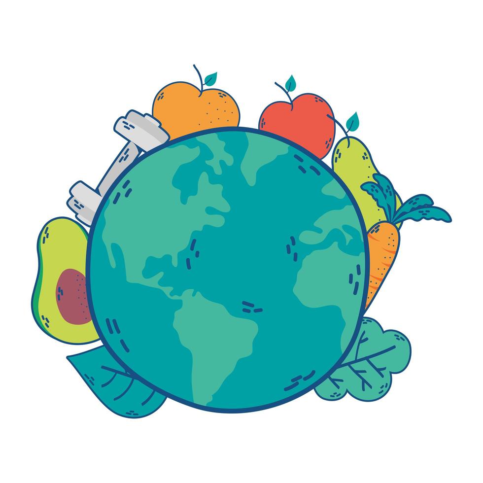 mondo pianeta terra con frutta e verdura vettore