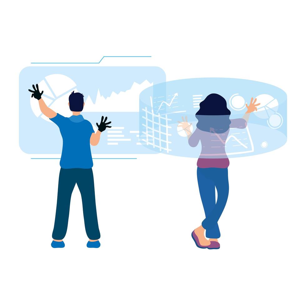 giovane coppia utilizzando occhiali e display virtuali di realtà vettore