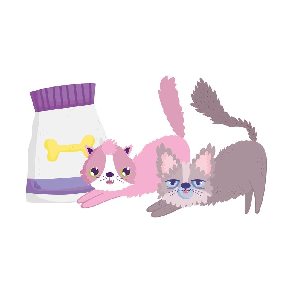 gatti dei cartoni animati con cibo pacchetto felini animali domestici vettore