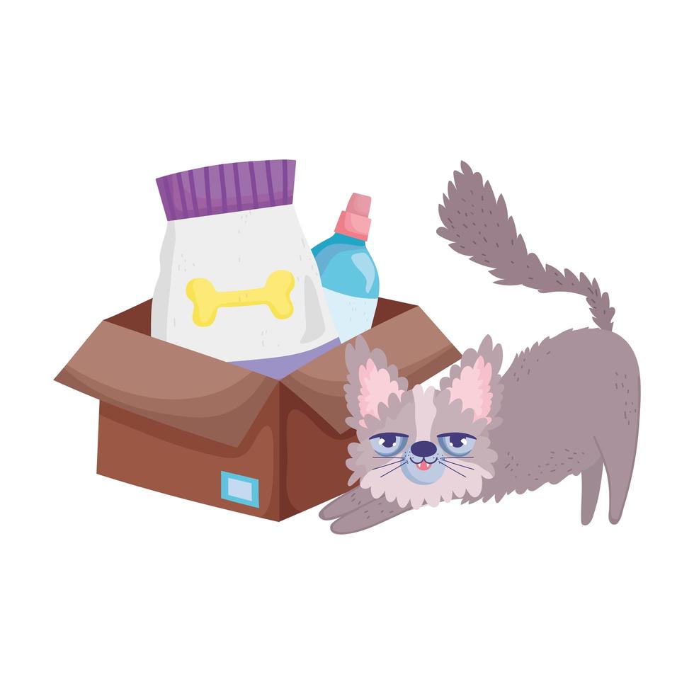 gatto spettinato con pacchetto di cibo e animali domestici bottiglia veterinaria vettore