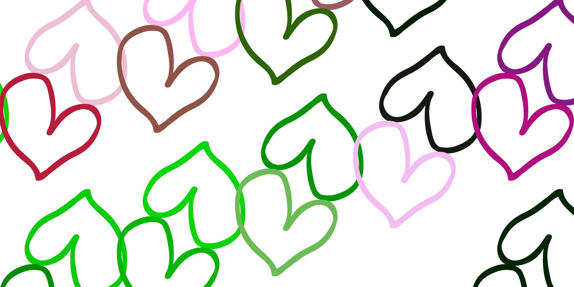 modello vettoriale rosa chiaro, verde con cuori doodle.