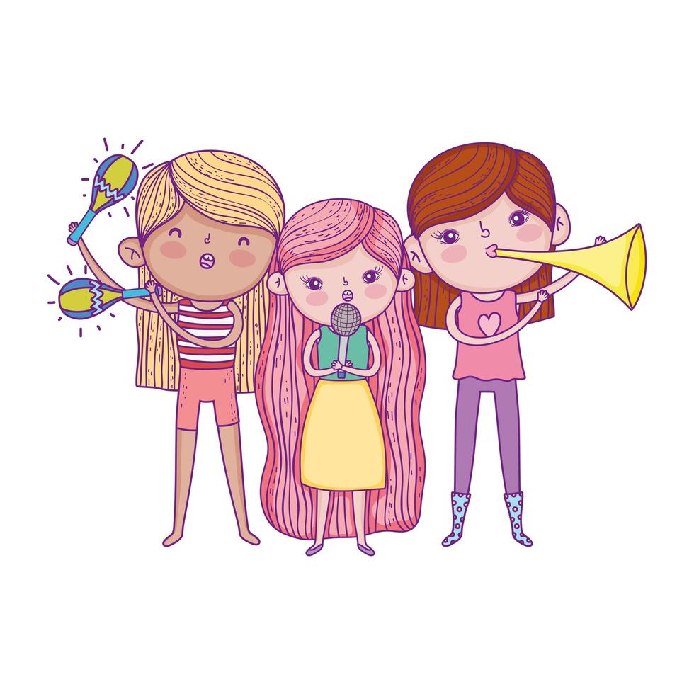 felice festa dei bambini, band musicale ragazze con tromba microfono e maracas vettore