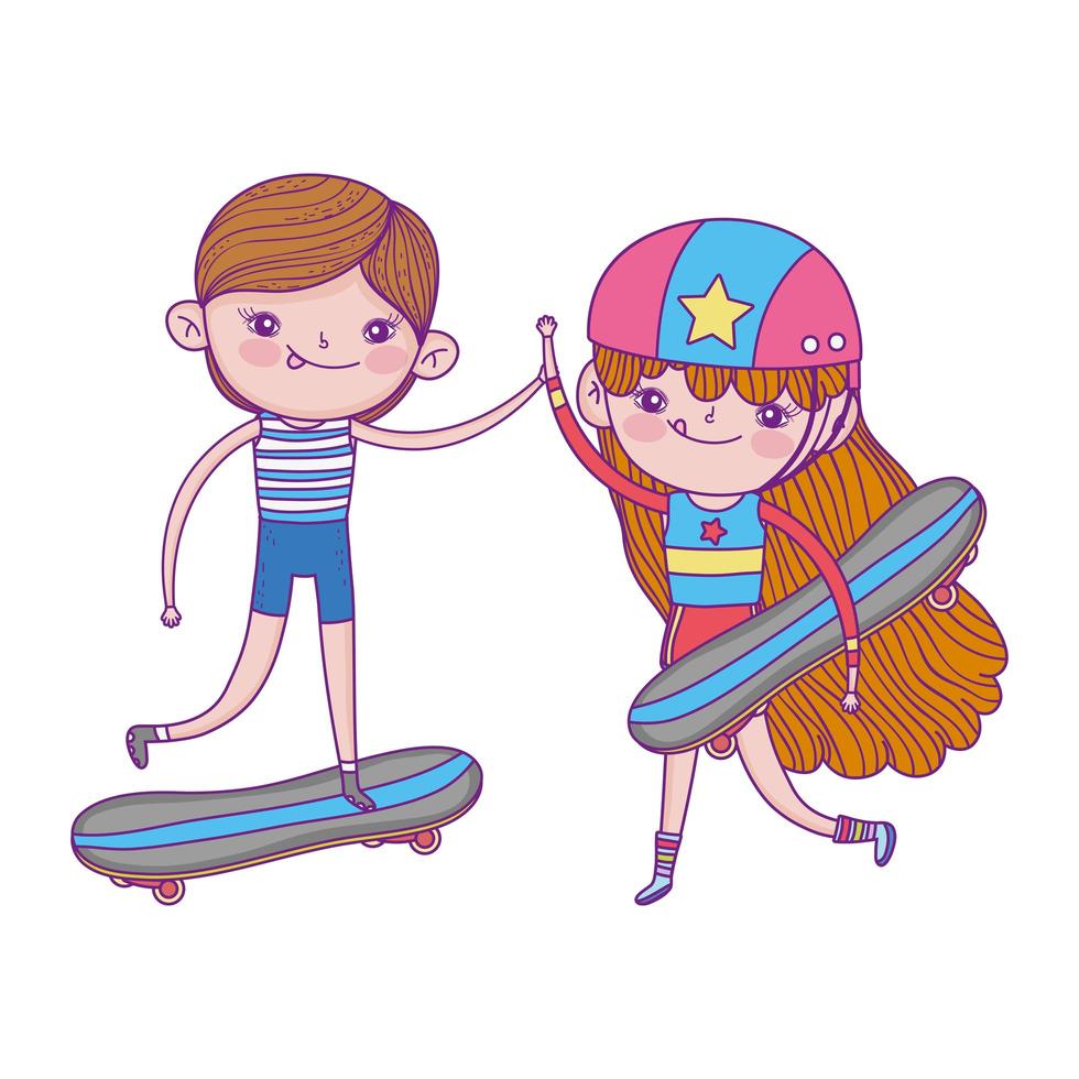 felice giornata dei bambini, ragazzo carino e ragazza con lo skateboard nell'erba vettore