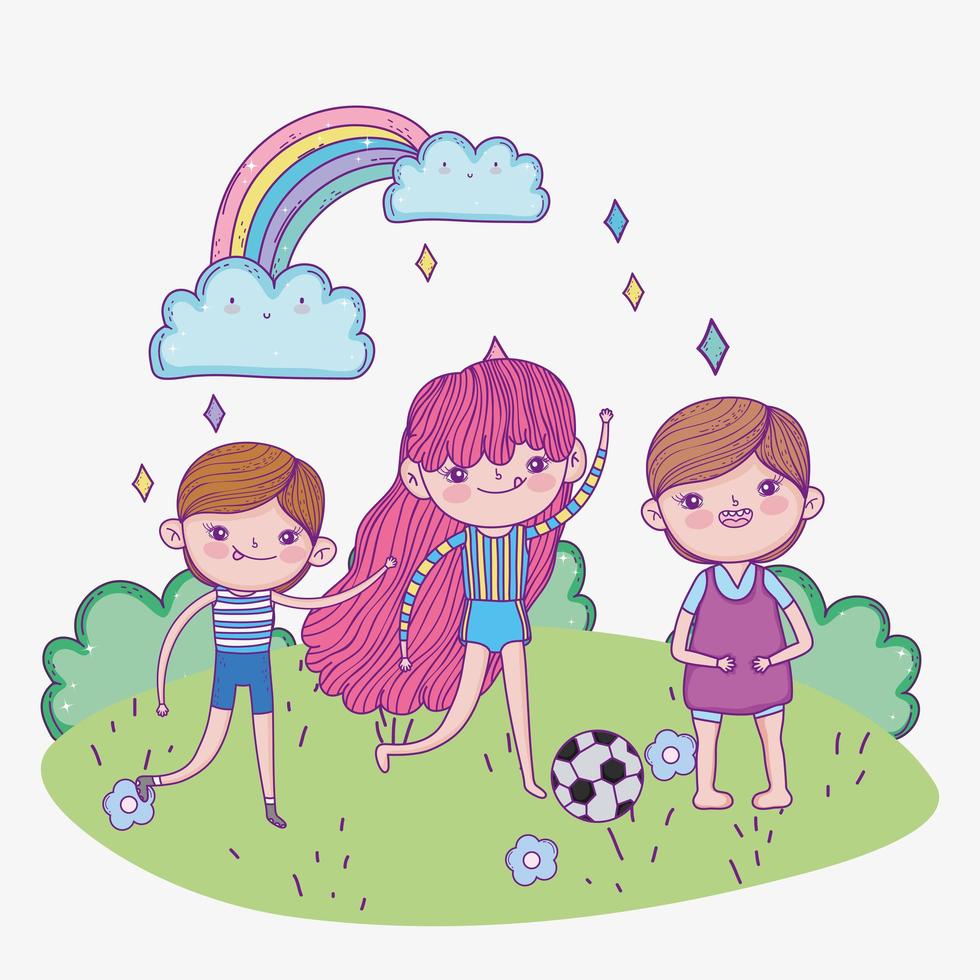 felice festa dei bambini, ragazza e ragazzi con il parco di pallone da calcio vettore