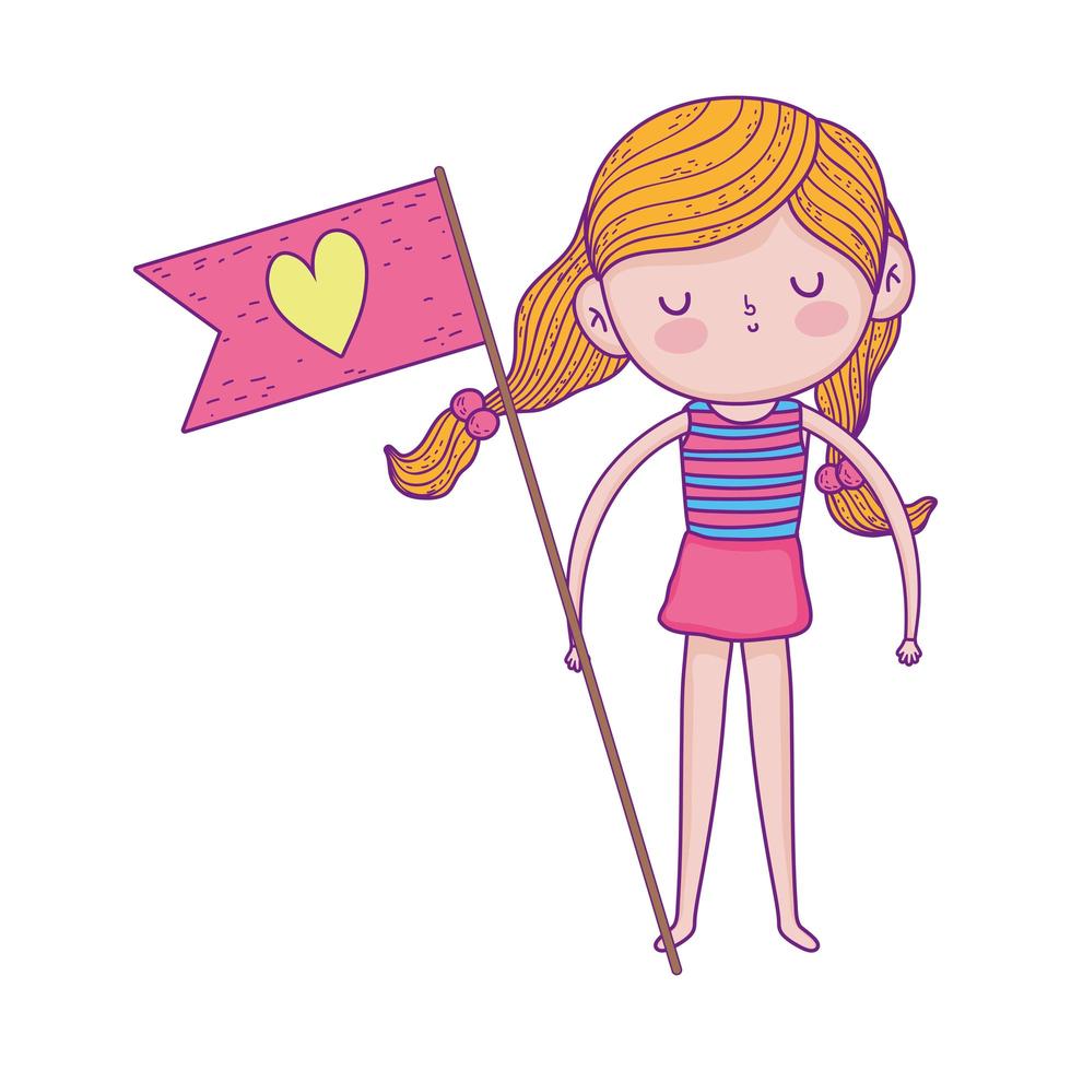 felice giorno dei bambini, bambina con bandiera amore cuore cartone animato vettore
