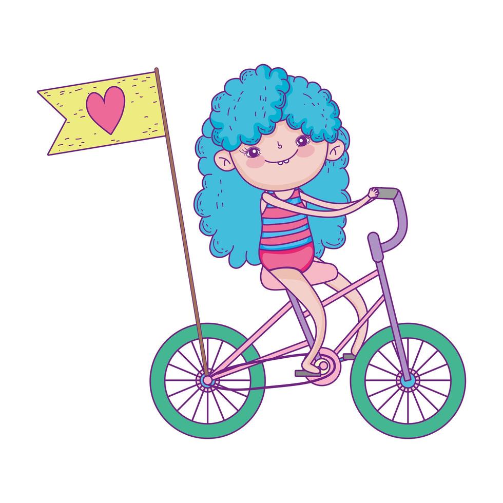 felice giornata dei bambini, piccola bici da corsa con bandiera amore cartone animato vettore