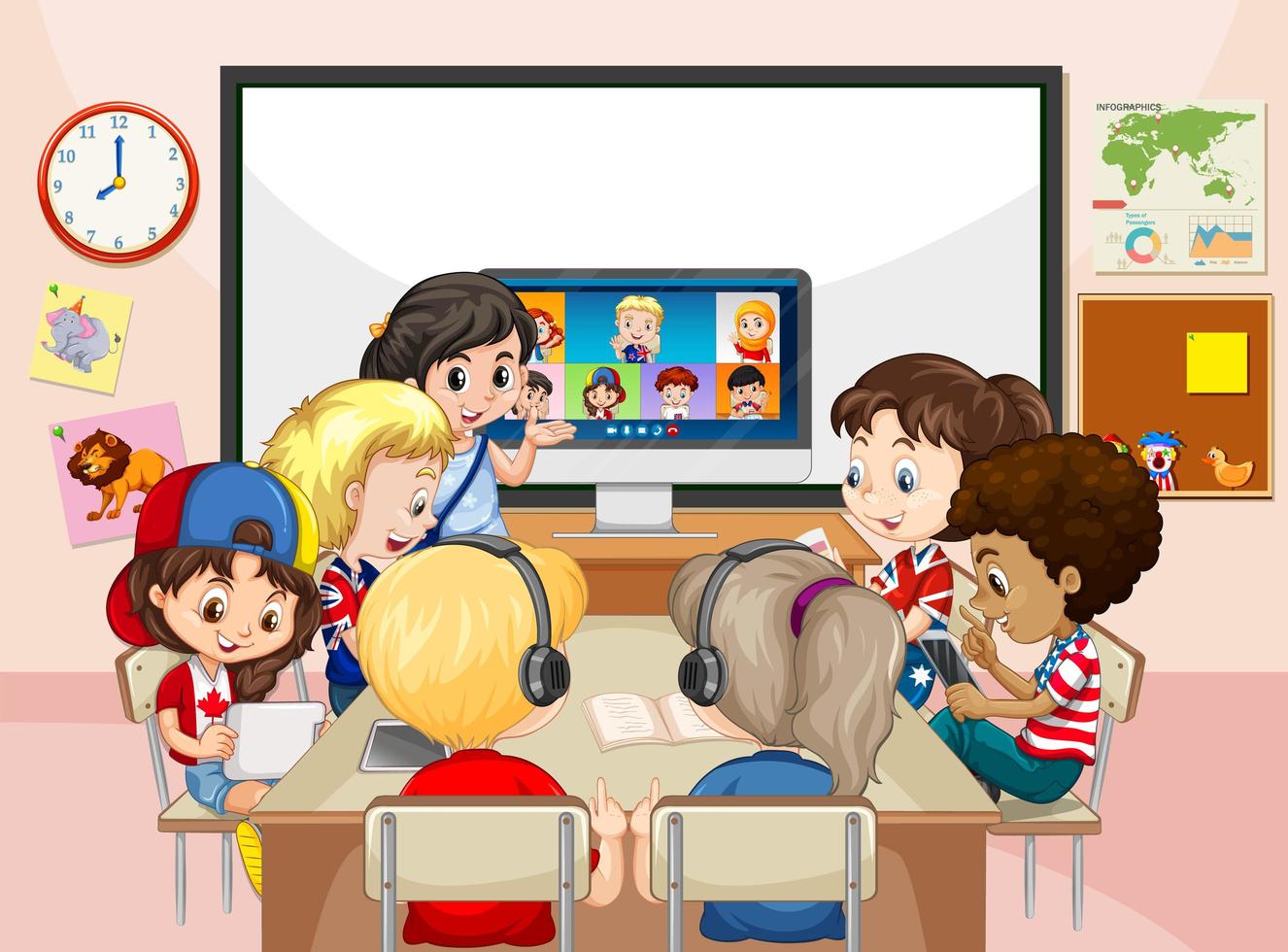 bambini che utilizzano laptop per comunicare in videoconferenza con insegnante e amici nella scena della classe vettore