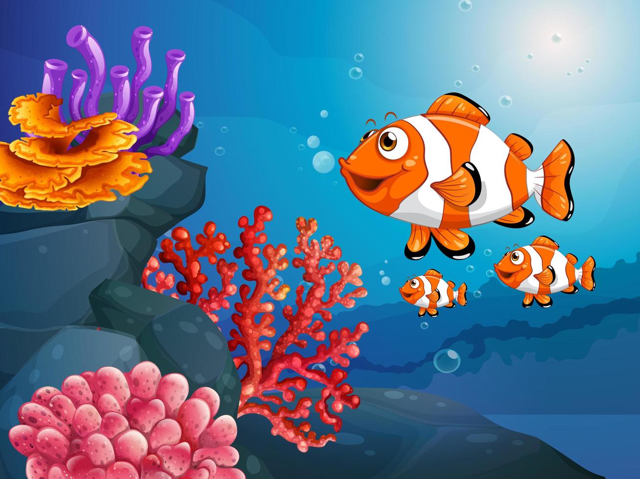 molti personaggi dei cartoni animati di pesci esotici nella scena subacquea con i coralli vettore