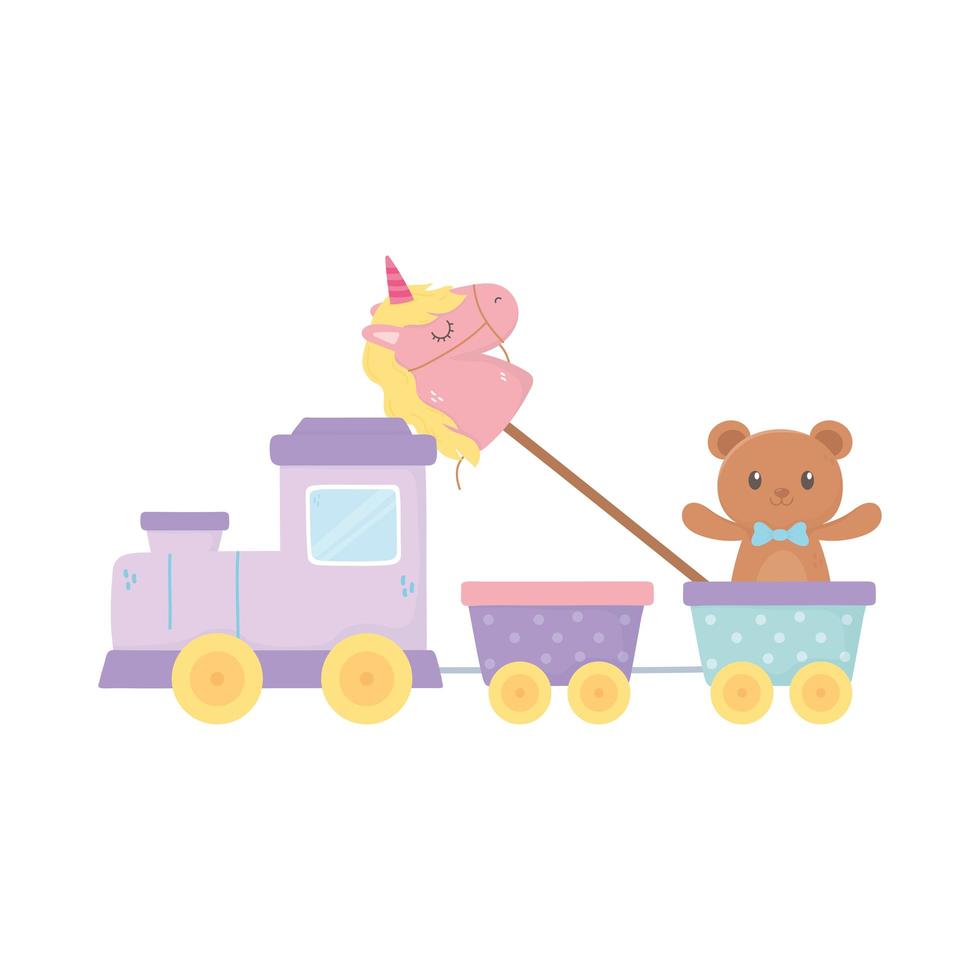 zona bambini, treno orsacchiotto e unicorno in giocattoli stick vettore
