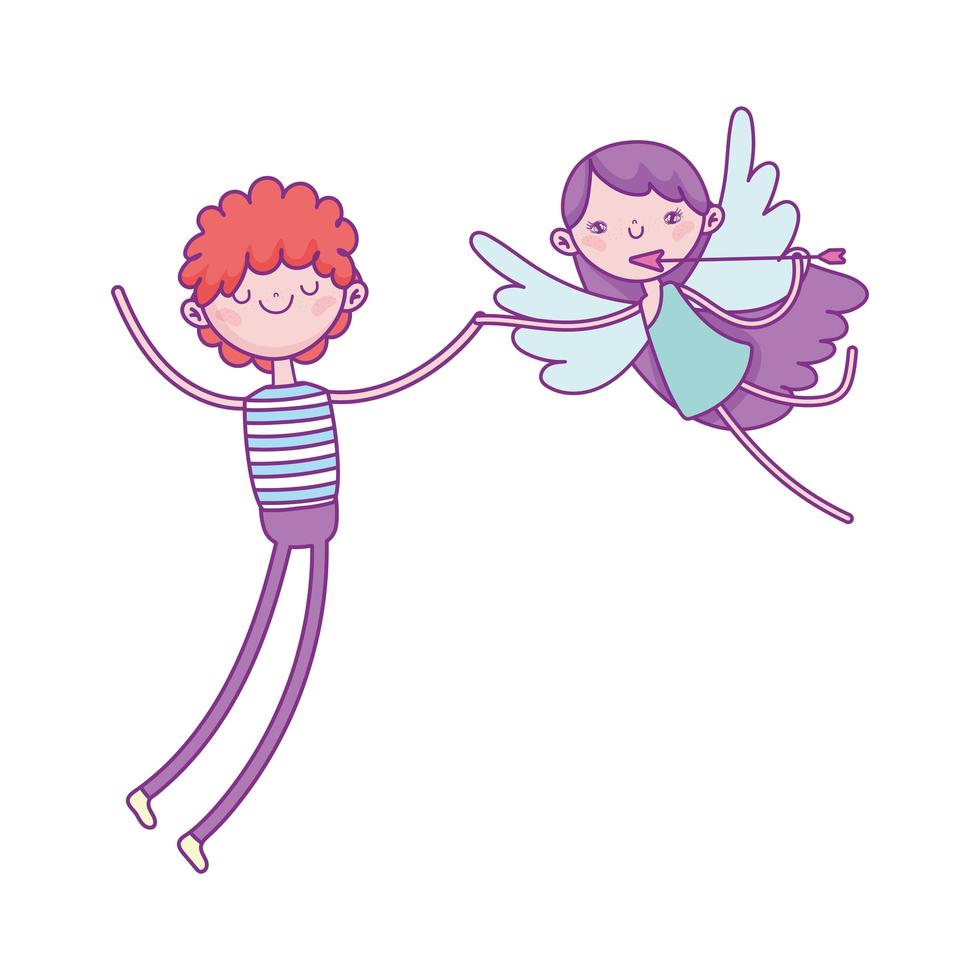 felice giorno di San Valentino, ragazzo e Cupido con freccia amore cartone animato vettore
