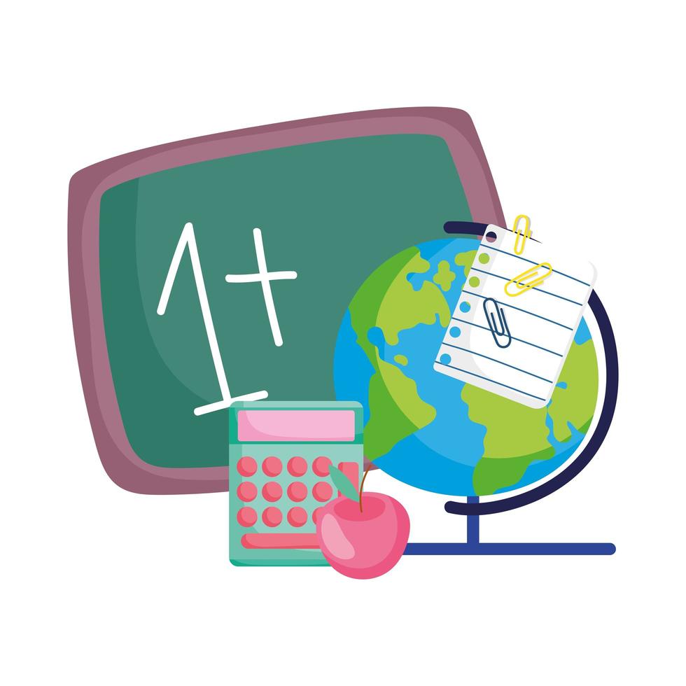 Torna a scuola, esempio di matematica lavagna globo mappa calcolatrice mela vettore