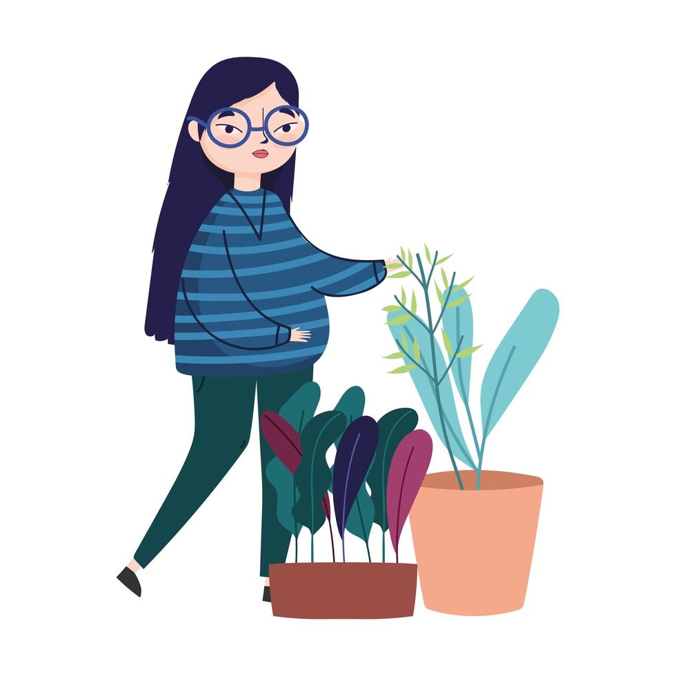 giovane donna con gli occhiali e la decorazione di piante in vaso vettore