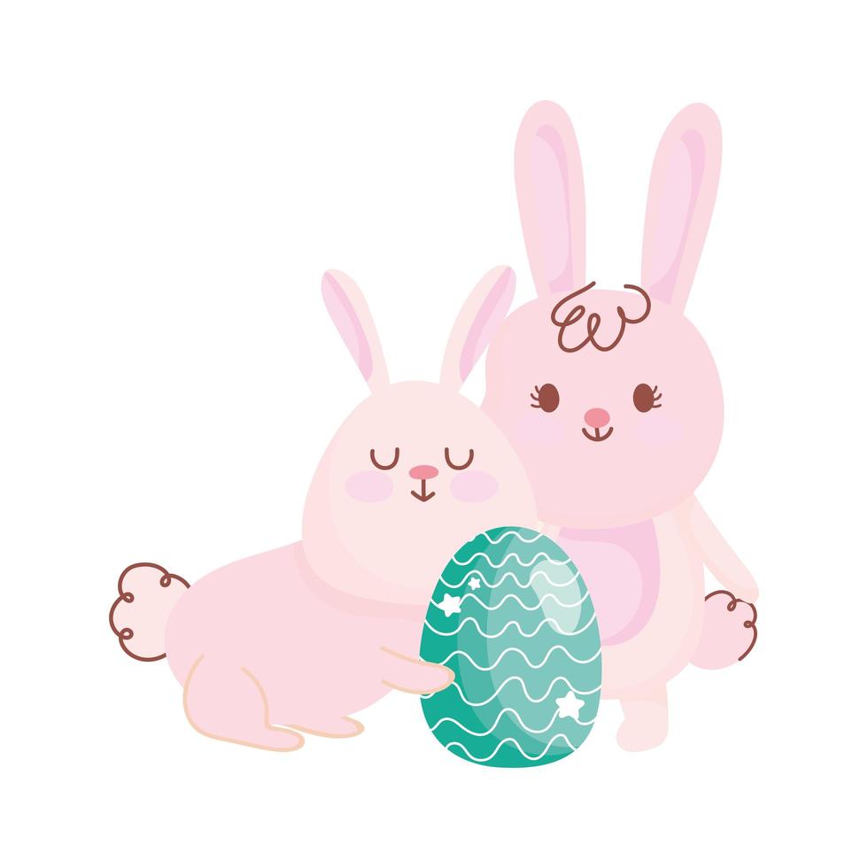 coniglietti di pasqua felici con il fumetto della decorazione dell'uovo verde vettore
