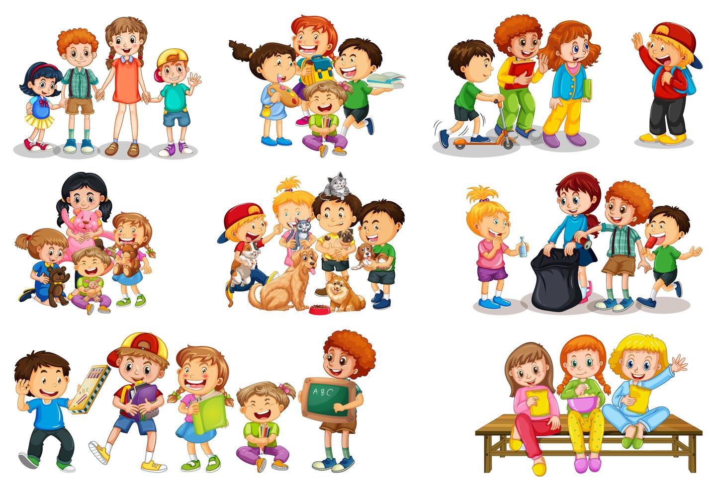 set di diversi bambini che giocano con i loro giocattoli personaggio dei cartoni animati isolato su sfondo bianco vettore