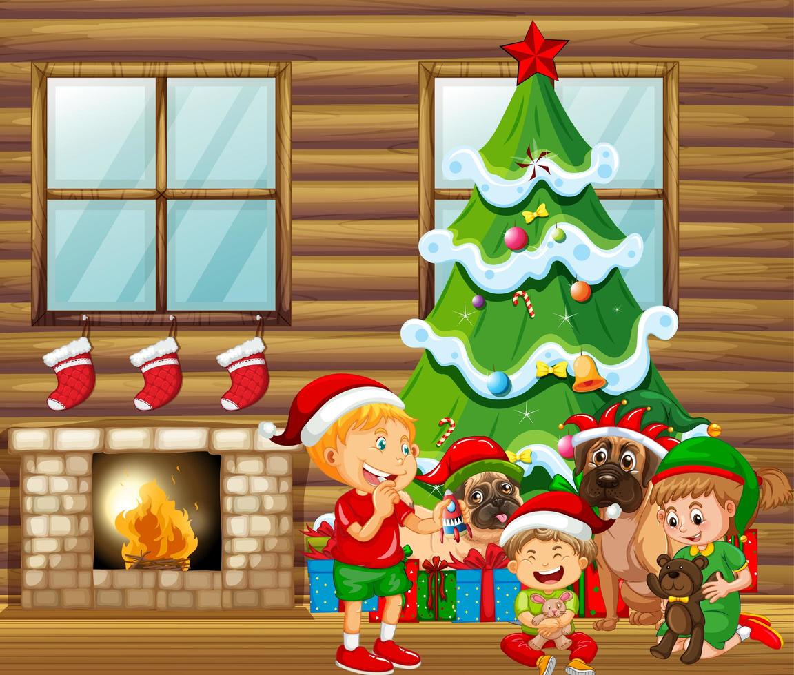scena natalizia al coperto con molti bambini e simpatici cani vettore