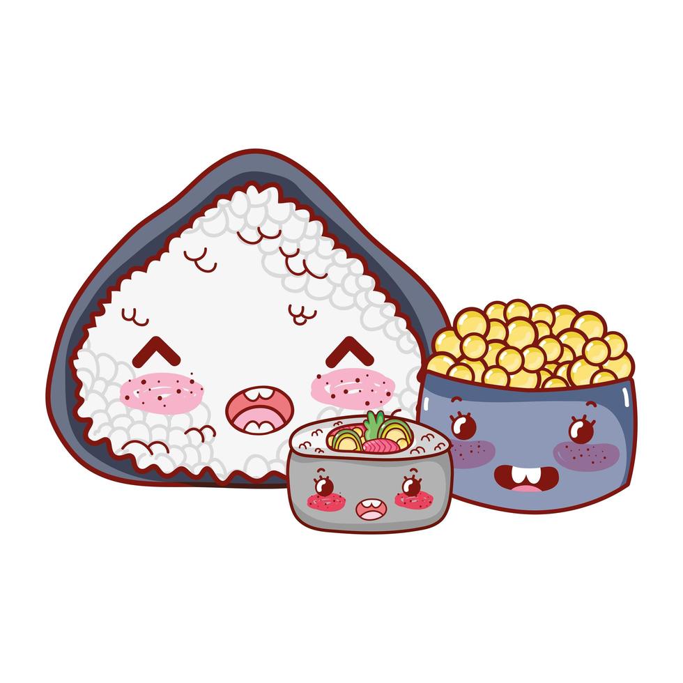 zuppa di riso kawaii e cibo al caviale cartone animato giapponese, sushi e panini vettore