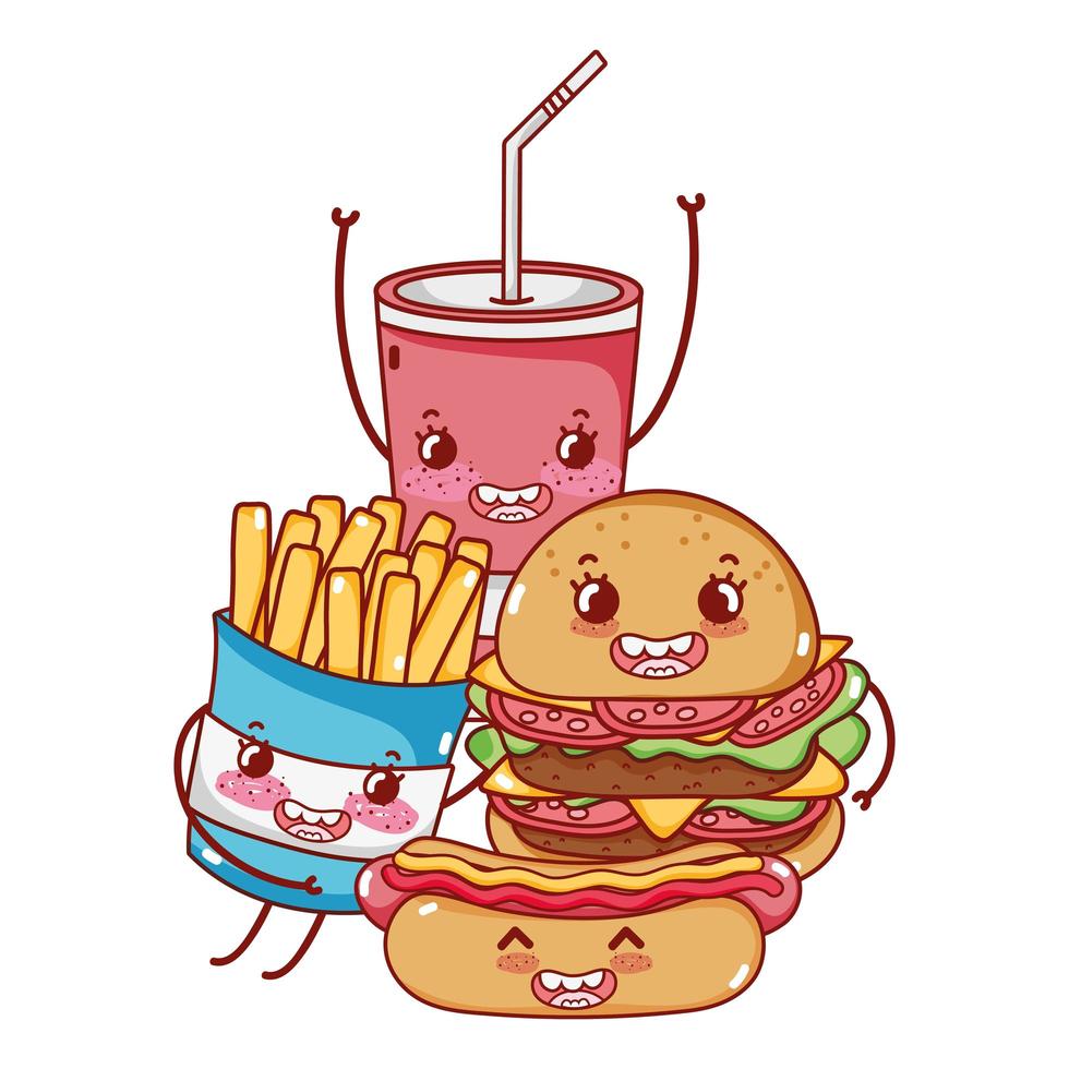 fast food carino hamburger hot dog patatine fritte e tazza di soda cartoon vettore