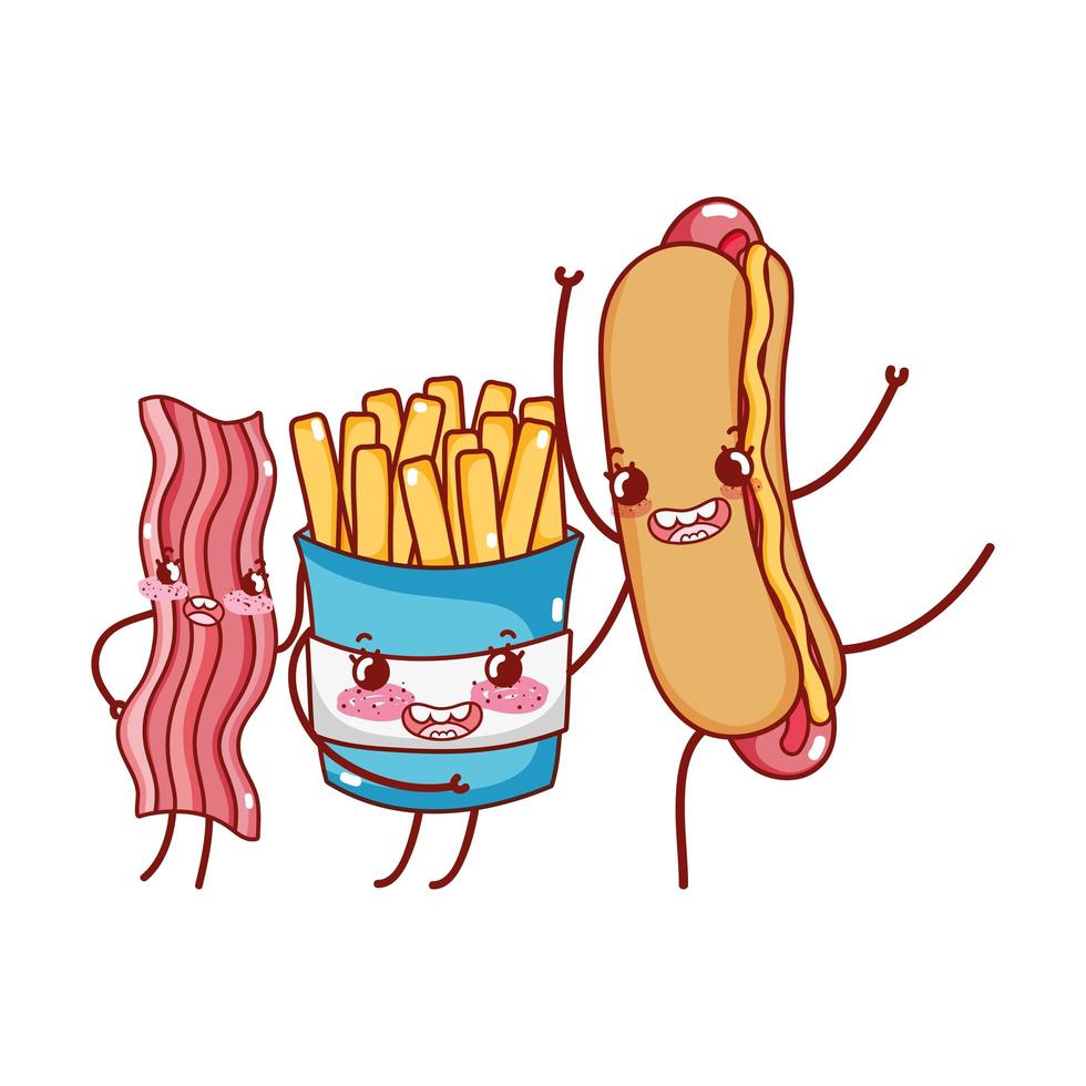 fast food carino patatine fritte bacon e hot dog cartone animato vettore