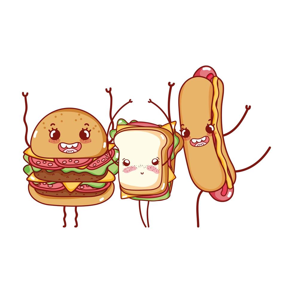 fast food carino hamburger panino e hot dog cartone animato vettore