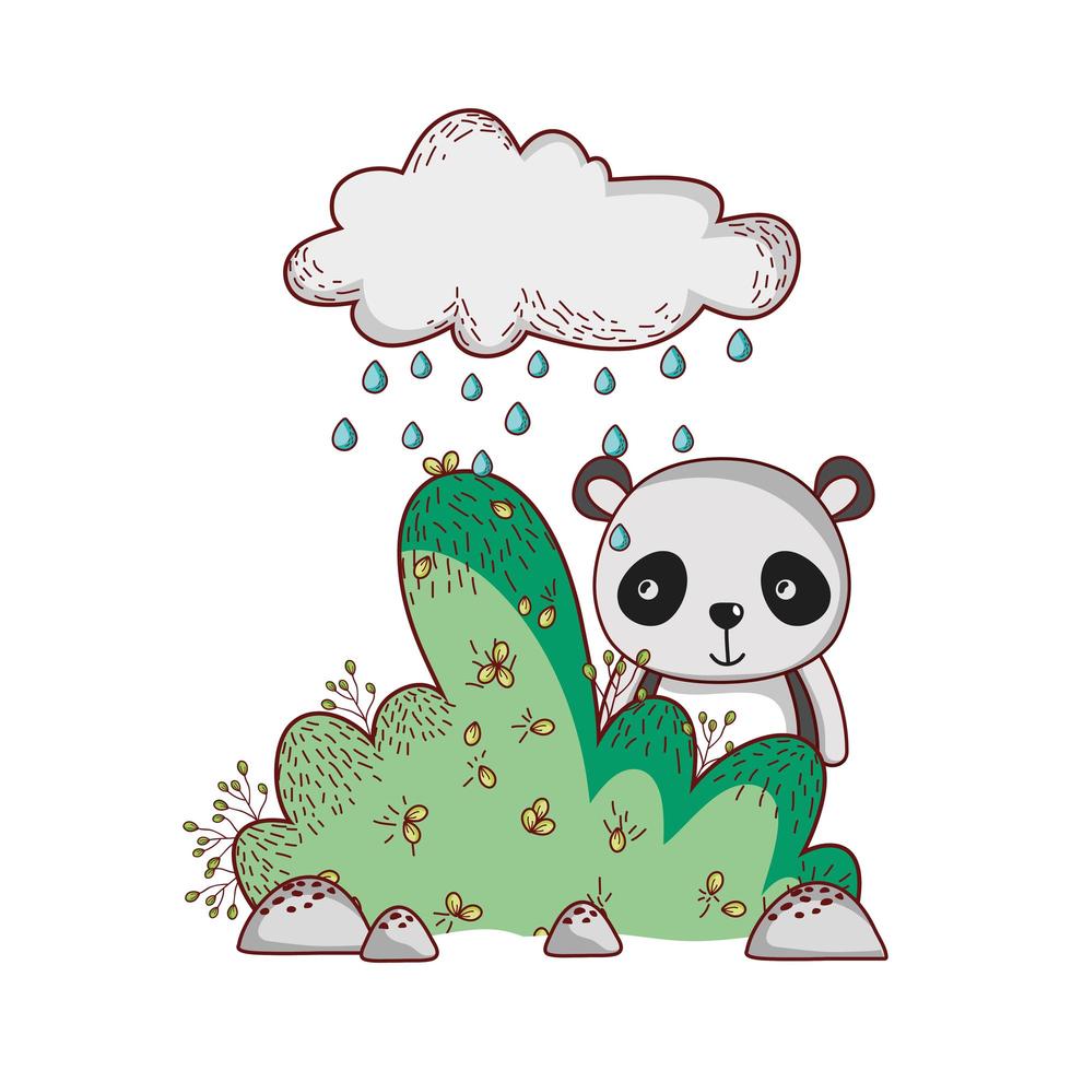simpatici animali, panda cloud rain bushnature vettore