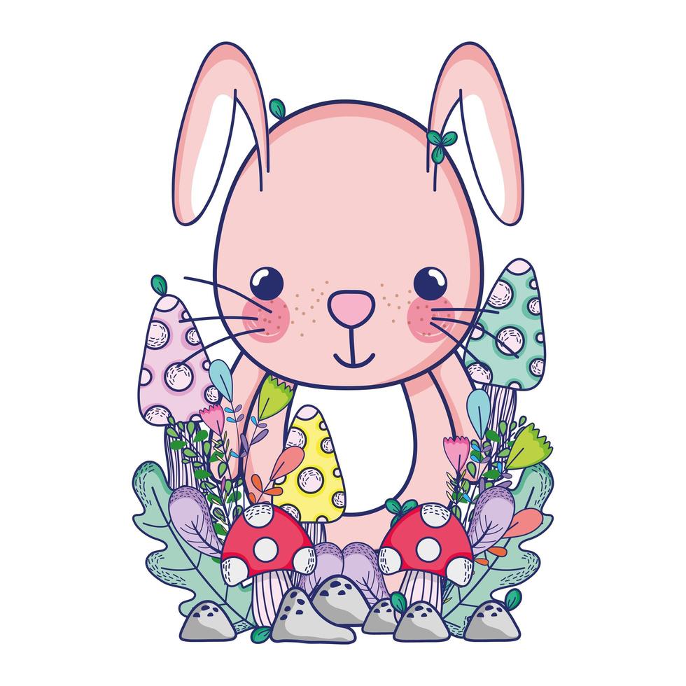 simpatici animali, piccolo coniglio fiori foglie di funghi fogliame cartone animato vettore