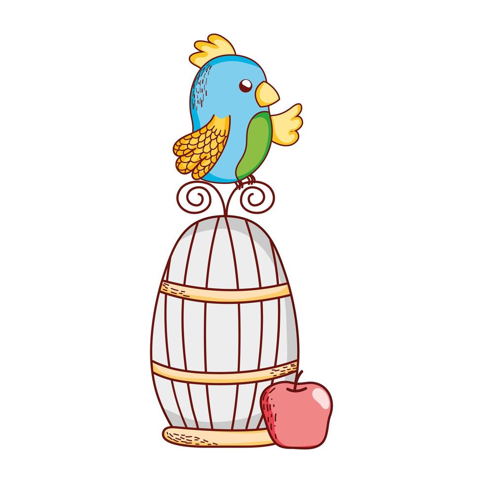 simpatici animali, pappagallo in gabbia con mela natura cartone animato vettore