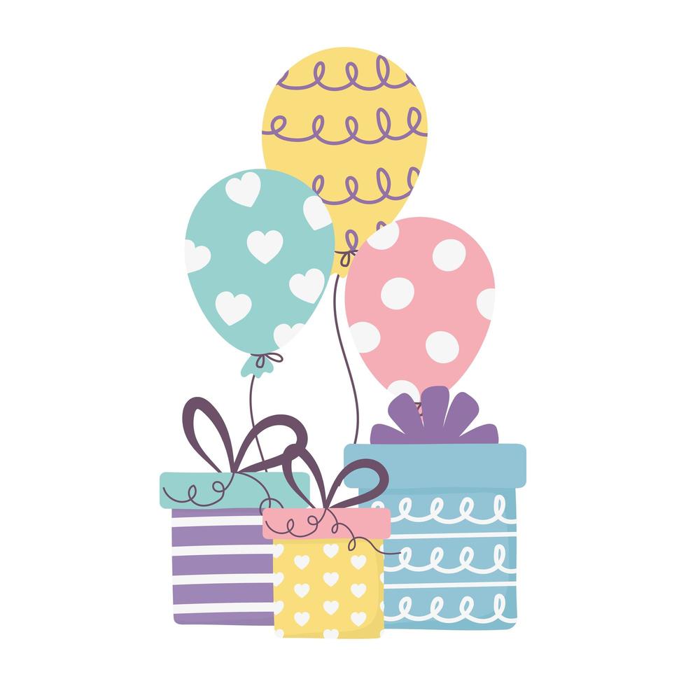 festa felice, scatole regalo e palloncini vettore