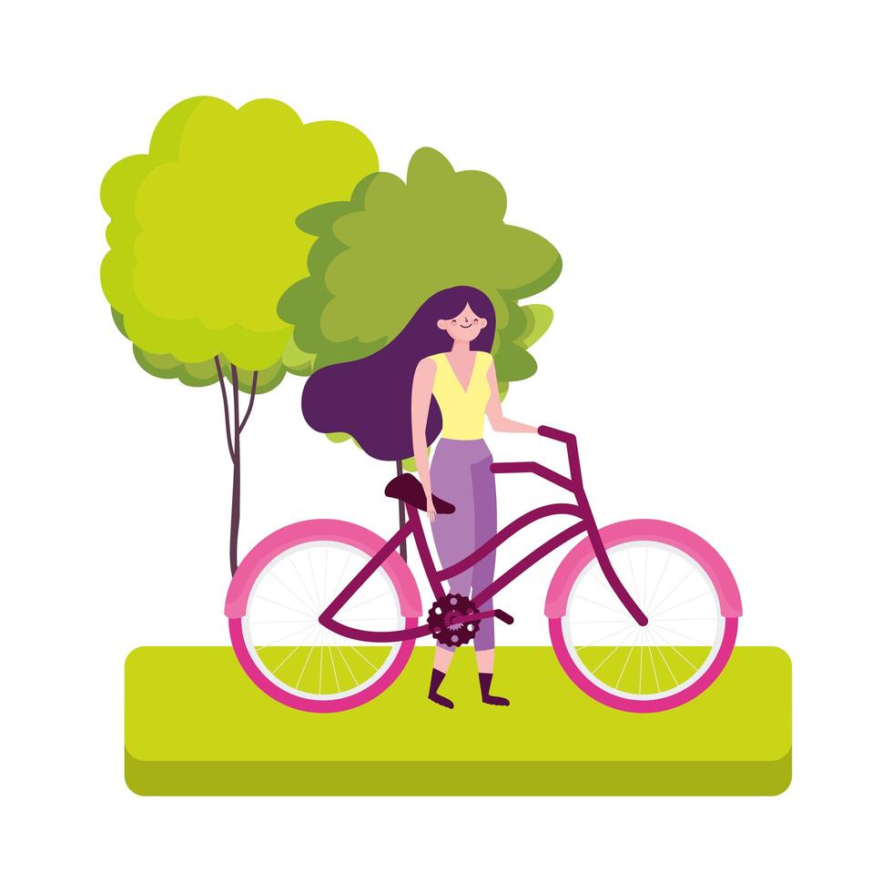 trasporto ecologico, giovane donna con la bicicletta nel cartone animato del parco vettore