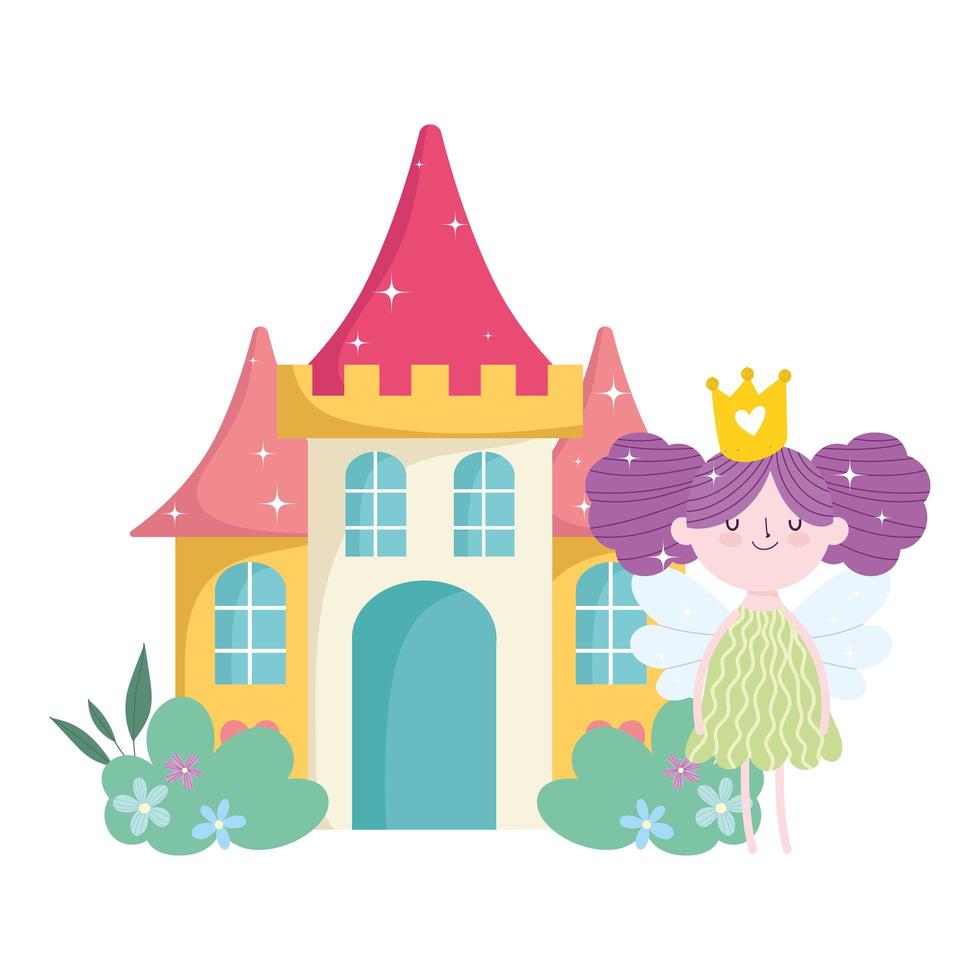 piccola fata principessa con le ali castello giardino racconto cartone animato vettore