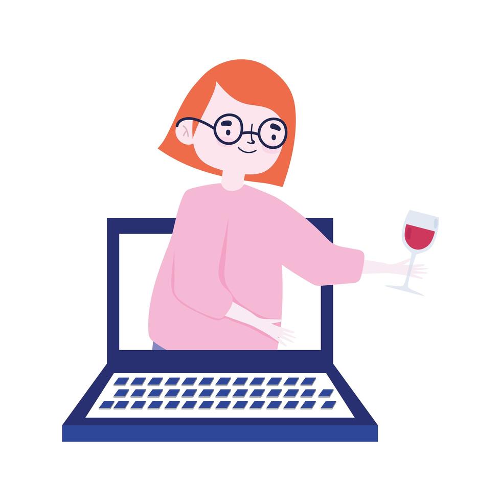 festa online, incontro con gli amici, donna con computer del vino di vetro che celebra vettore