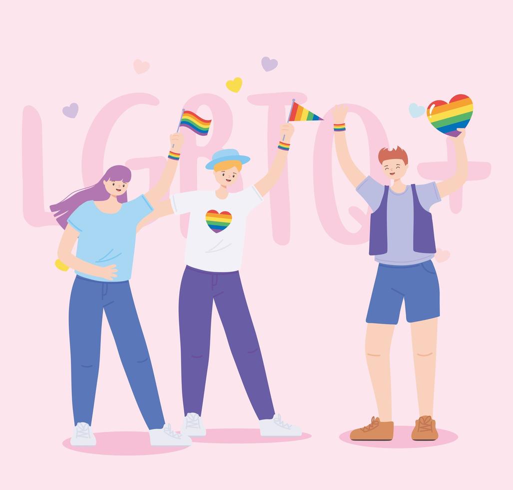 comunità lgbtq, giovani con bandiere e cuore arcobaleno, parata gay protesta contro la discriminazione sessuale vettore