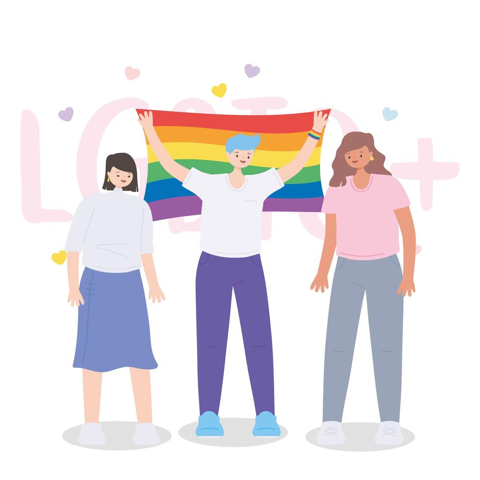 comunità lgbtq, persone con bandiera arcobaleno, parata gay protesta contro la discriminazione sessuale vettore