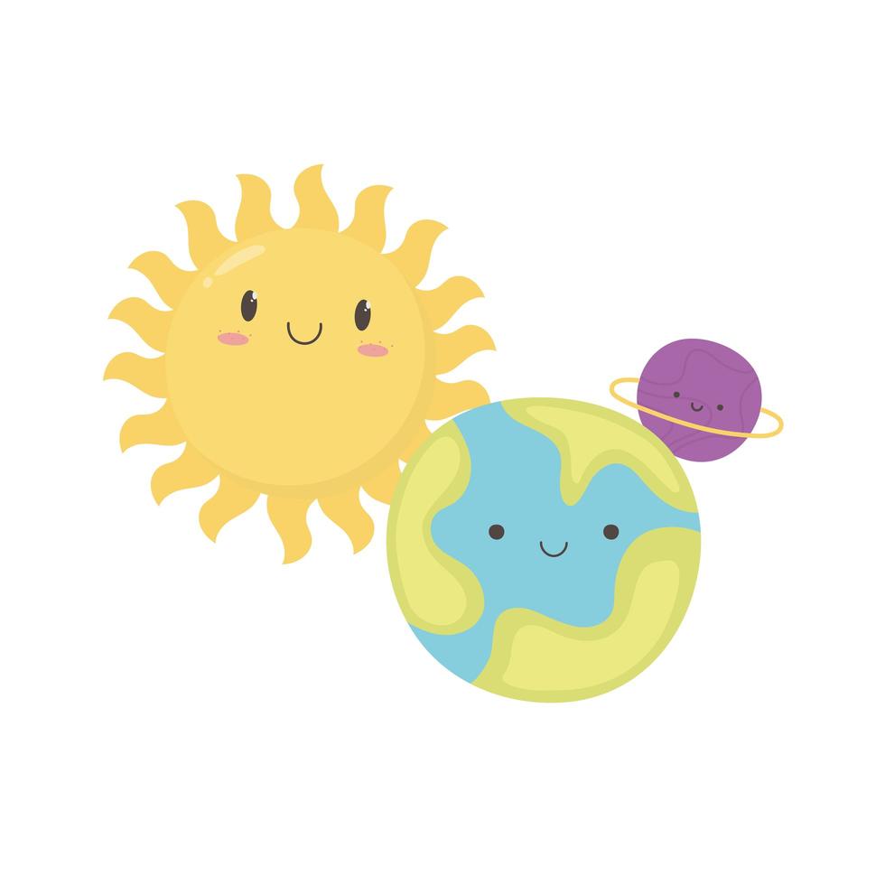 Cartoon Sun Earth Planet e Saturno Character Design vettore