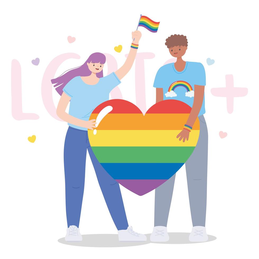 comunità lgbtq, personaggi con cuore arcobaleno, parata gay protesta contro la discriminazione sessuale vettore