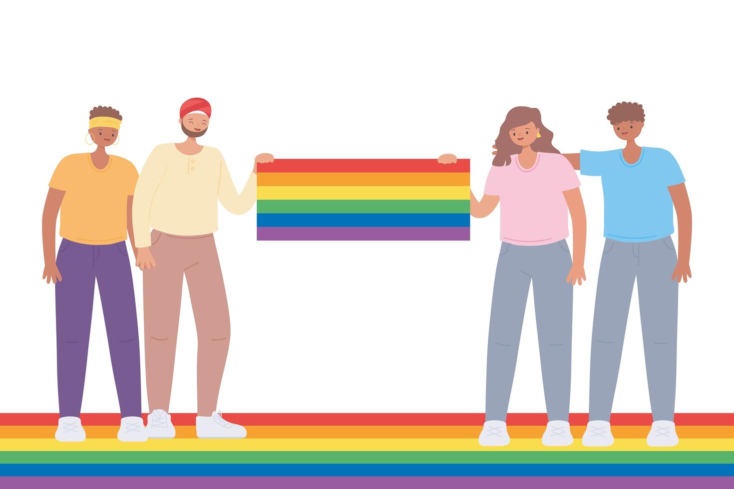 comunità lgbtq, gruppo di giovani enorme celebrazione della bandiera arcobaleno, parata gay protesta contro la discriminazione sessuale vettore